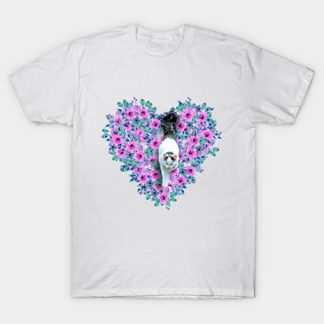 White and Grey Cat with Fluffy Tail and Watercolor Flower Heart on the Background, Painting T-Shirt by Cartoon Cosmos